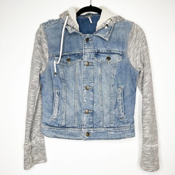 Free People Distressed Jean Jacket Hooded Fabric Sleeves Women's Size S - Picture 2 of 7